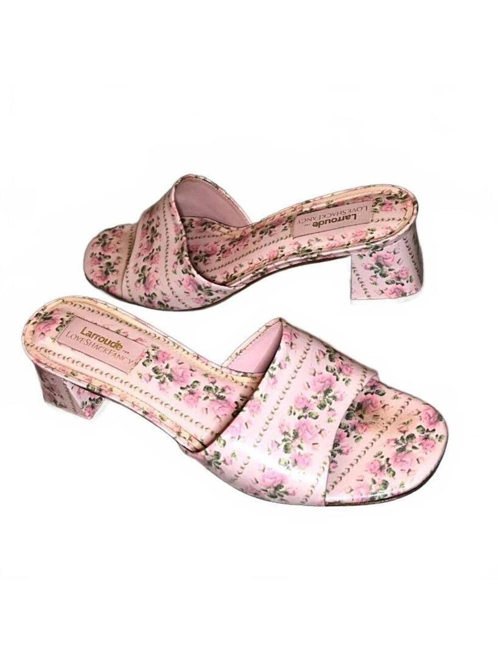 Larroude x LOVESHACKFANCY Pink Floral Leather Block Heel Sandals - Size 8